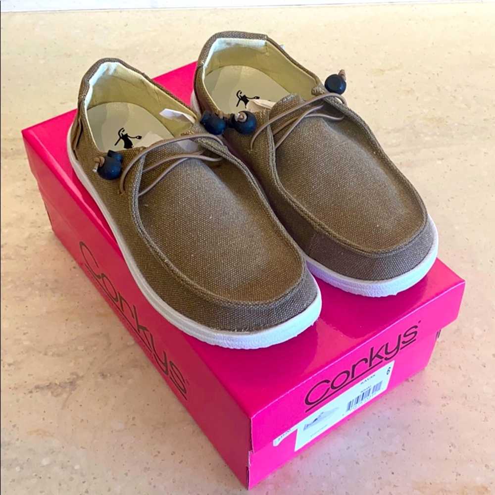 Corkys khaki canvas slip on shoes